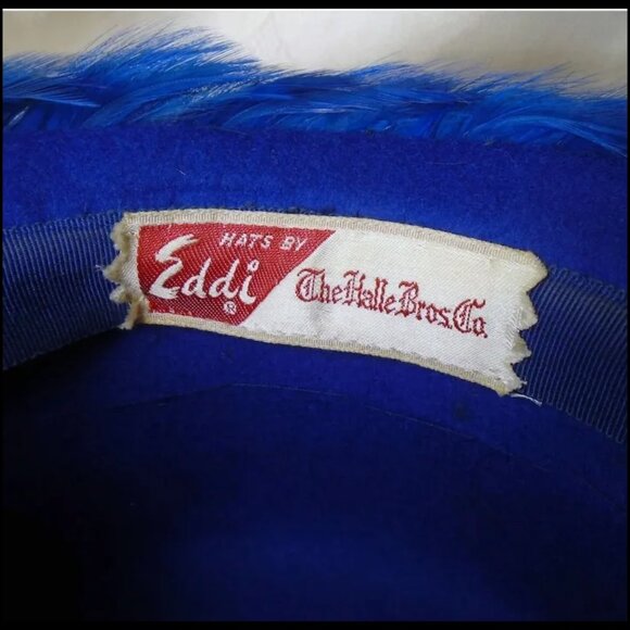 Vintage Hat + HATBOX Blue Green Feather High Fashion Modernist Bucket Hat - Picture 6 of 13